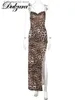 Urban Sexy Dresses Dulzura Leopard Print Women Chain Strap Side Slit Maxi Dress Backless Bodycon Sexig Streetwear Festival 2023 Evening Elegant T231023