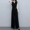 Calças femininas de duas peças primavera elegante casual mulheres macacão manga longa v pescoço vintage solto macacão femme moda coreano wilg perna calça