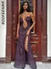 Городские сексуальные платья BOOFEENAA с рюшами и открытой спиной, длинное платье с разрезом для женщин Y2k 2000-х годов, платье макси с эстетическим принтом, наряды для вечеринок C71 GZ37 231023