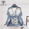 Women'S Jackets Fashion Hollow Out Denim Jacket Women Embroidery Lace Splice Jeans Female Washed Coat Loose Plus Size Coats Drop Del Dhcul