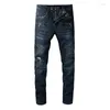 Herren Jeans Herren Biker für Motorrad Streetwear Dunkelblau Stretch Denim Hosen Slim Plissee Patch Ripped Distressed