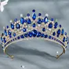 Hårklipp diezi lyx elegant blå strass tiara krona bröllop party smycken brud brud gröna kristalltillbehör