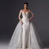 Långa ärmar sjöjungfru bröllopsklänning med avtagbar tåg elegant spetsklänning för kvinnor brudklänning