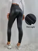 Kvinnors byxor capris svart pu läder kvinnor hög midja mager push up plysch leggings elastiska byxor jegings 231021