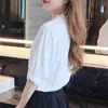 Kadın Tişörtleri Yaz Patchwork Dantel V Yastık Tops 2023 Moda Kore Giyim Düz Renk Zarif Tee Beyaz Gömlek