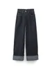 Женские джинсы с высокой талией, узкие прямые брюки с закатанным краем, длинные широкие брюки