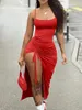 Casual Dresses LW Sexig Slim Ruched Drawstring Lår split Cami Bodycon Dress Backless Pets Up High Opening Shirred Plain Maxi Vestidos