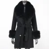 2023 Новая мода пальто с натуральным мехом, зимняя куртка, женская куртка из натурального лисьего меха, воротник, два слоя манжет, смесь кашемира, шерсть, теплая