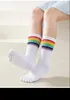 Women Socks 4 Pairs Of High Tube Five-finger Rainbow Stripes Black And White Solid Color Cotton
