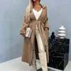 Women's Knits Elegant Lace Up Straight Sweater Autumn Winter Thick Warm Knitted Cardigan Fashion Lapel Collar Long Sleeve Pocket Coat