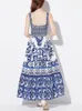 スリングドレスミッドレングスドレス2023春/夏ファッションブルーとホワイトの磁器印刷袖なしドレス女性s-2xl
