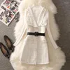 İş elbiseleri vintage mini ekoid tüvit yelek kadın 2 adet set zarif inci düğmesi kollu elbise örgü kazak 2023 uzun kollu