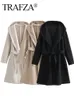 Mélanges de laine pour femmes TRAF ZA mode féminine manteaux droits couleur unie à capuche manches longues ceinture poches automne manteaux chauds femme à la mode 231023