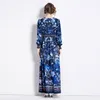 Blue Floral Maxi Dress Woman Designer Robes Lantern Sleeve V-Neck Slim Vacation High midje Vintage Party Long Dresses 2023 Autumn Winter Print Runway Casual Frocks