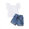 Kläder sätter 1-6 år Baby Kid Kid's See Through Two Piece Set-knäppt rund hals spets axelkorrband hög midja korta jeans