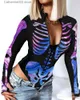 Kvinnors jumpsuits rompers 2023 Autumn New Women Top Romper V Neck Skulls Slim Casual Halloween One Piece Skeleton Print långärmad bodysuit Sexig T231023