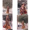 Grundläggande avslappnade klänningar 2022 Autumn Floor Length Dress Womens Long Sleeve Printing Floral Vintage Irregar Maxi Mujer Chic Wrap Drop D DHO0S