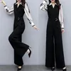 Calças femininas de duas peças primavera elegante casual mulheres macacão manga longa v pescoço vintage solto macacão femme moda coreano wilg perna calça