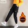 Calças femininas capris vmewsher inverno carga mulheres algodão sólido bolsos streetwear moda quente curto pelúcia pele forrado calças casuais 231021