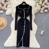 Casual Dresses Small Fragrant Knitted Women Sweater Dress Fashion Autumn Winter Lapel Single Breasted Hit Color Bodycon Slim Bottoming