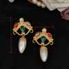 Orecchini a bottone Retro corte medievale Antica placcata in oro intarsiato in vetro con strass imitazione perla Ago in argento