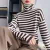 Kvinnors stickor Tees Kvinnor Plus Size Pure Wool Sweater Knit Pullovers Spring High-Neck Retro Blus Loose Cashmere Sweater Strip Base Shirt S-XXL 231023