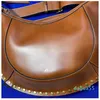 Classic Half Moon Style Gold Rivet Texture Delicate Head Layer Cowhide Shoulder Crossbody for Women