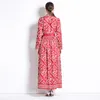 Retro Floral Red Maxi Dress Women Designer Long Sleeve Lapel Button Slim Runway Ruched Dresses Robes 2023 Autumn Winter Casual Vacation Ribbon Bow Party Frocks
