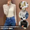 Mulheres camisetas Mulheres Flare Manga Longa Cor Sólida Malha T-shirts Hollow Lace Transparente Sexy Bottomed Camisa Slim Turtleneck Tops Feminino