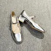 Dress Shoes Silver Thick Heels Mary Jane Shoes Women Buckle Strap Square Toe Pumps Woman Med Heele Patent Leather Shoes Female 231023