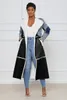 Giacche da donna in misto lana Inverno Colletto con risvolto Temperamento Patchwork Denim Vita con lacci Cappotto a maniche lunghe Cappotto di lana Donna 231023