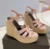 Women Tribute leather wedge Sandal wedge high heels bright leather ultra-espadrille sandals hemp rope wedge heel platform roman shoes woman designer shoe with box