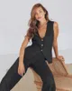 Damen-Nachtwäsche, Heimkleidung, elegante Leinen-Hosen-Sets, 2-teilige Damen-Outfits, Sommergrün, V-Ausschnitt, ärmellose Oberteile, sexy schwarze Anzüge mit weitem Bein