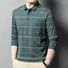 Polos masculinos 2023 outono inverno homens verde azul listrado polo camisas manga longa turn down colarinho aconchegante tops algodão misturado comfty roupas