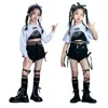 Bühnenkleidung Hemd Tops Mini Shorts für Mädchen Teenager Jazz Dance Kostüm Show Kleidung Kinder Konzert Kpop Straßenoutfits Hip Hop Kleidung Weiß