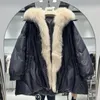 Frauen Daunen Parkas Lagabogy Echte Natürliche Pelz Winter Frauen Weiße Gans Jacke Lose Warme Puffer Mantel Weibliche Dicke MidLong 231021