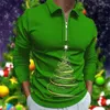 Herrpolos långärmad Autumn Mens Polo Shirts Vintage Christmas 3D Printing Tops For Men Casual Loose Turn-Down Collar dragkedja