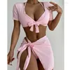 Kvinnors badkläder Kvinnors 4 -bitar Rib Knit Triangle Halter Swimsuit Knot Front Bikini Set Cute Bathing Suit With Cover Up