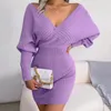 Vestidos casuais mulheres sexy v pescoço hip envoltório lã manga longa malha camisola vestido elegante escritório senhora cintura alta pulôver mini