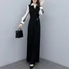 Calças femininas de duas peças primavera elegante casual mulheres macacão manga longa v pescoço vintage solto macacão femme moda coreano wilg perna calça