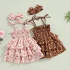 Mädchen Kleider 0–4 Jahre Kinder Mädchen Freizeitkleid mit Stirnband Baby Sommer Kleidung Set Kleinkind ärmellos Blumen Rüschen geschichtet A-Linie