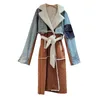 Trenchs de femmes Patchwork Manteau de laine d'agneau Hiver Long 2023 Style coréen Taille de revers serré sur le genou Denim Coton Street