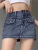 Jupes jupes Wsevypo strass jean pour femmes e-girl rétro 2000s taille haute boutonné enveloppement Denim Mini Harajuku Streetwear