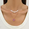 Pendant Necklaces Fashion Acrylic Butterfly Necklace Imitation Pearl Double Layer Clavicle For Women Girls Jewelry Party Gift