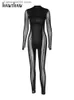 Kvinnors jumpsuits Rompers Hawthaw Women 2022 Autumn Sexig långärmad mesh Se genom Club Bodycon Black Jumpsuit Oagel One Piece Outfit Streetwear T231023