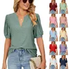 Kadın Tişörtleri 2023 Yaz Günlük V yaka Düz Renk Açık İşlik Puf Kolları Kısa Gevşek T-Shirt Üstü hafif Strech