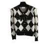 Knit Cardigan Women Nail Diamond Bow Design Color Contrast Diamond Plaid Long Sleeved Sweater Top Coat