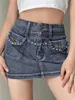 Jupes jupes Wsevypo strass jean pour femmes e-girl rétro 2000s taille haute boutonné enveloppement Denim Mini Harajuku Streetwear