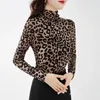 Women's T Shirts Women's Fashion Slim Turtleneck Leopard Printed Tops Autumn Winter Fleece Long Sleeve Vintage Casual T-shirt Female