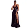 Robes décontractées sans manches Faux Latex Maxi Robe Femmes Brillant Cuir Verni Halter Dames Sexy PU Spaghetti Bretelles Fête Personnalisée